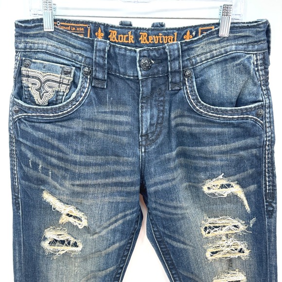 Rock Revival Denim Jeans Distressed Ripped Blue Mens Size 31 Straight - Picture 2 of 16